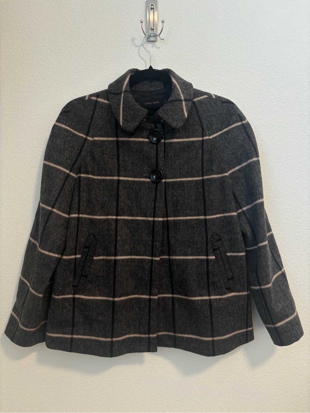 Zara Charcoal Gray Windowpane Wool-Blend Pea Coat